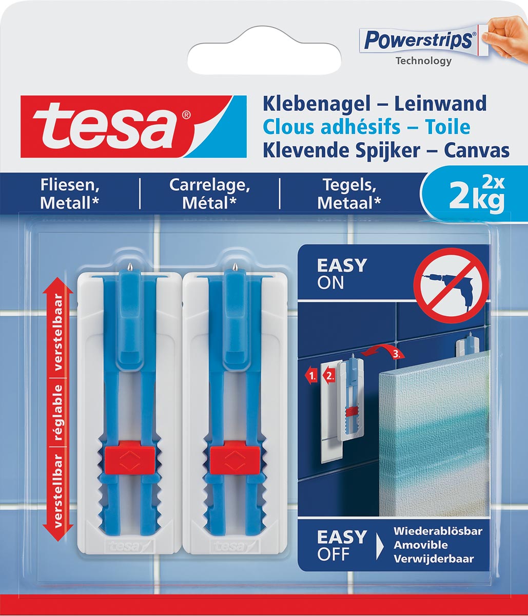Tesa Klevende Spijker Canvas, draagkracht 2 kg, tegels en metaal, wit, 2 spijkers en 3 strips