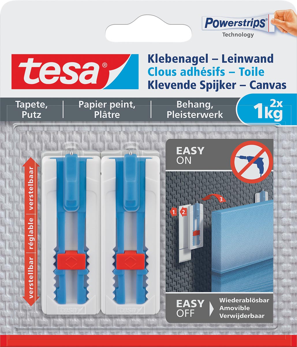 Tesa Klevende Spijker Canvas, draagkracht 1 kg, behang en pleisterwerk, wit, 2 spijkers en 3 strips afbeelding