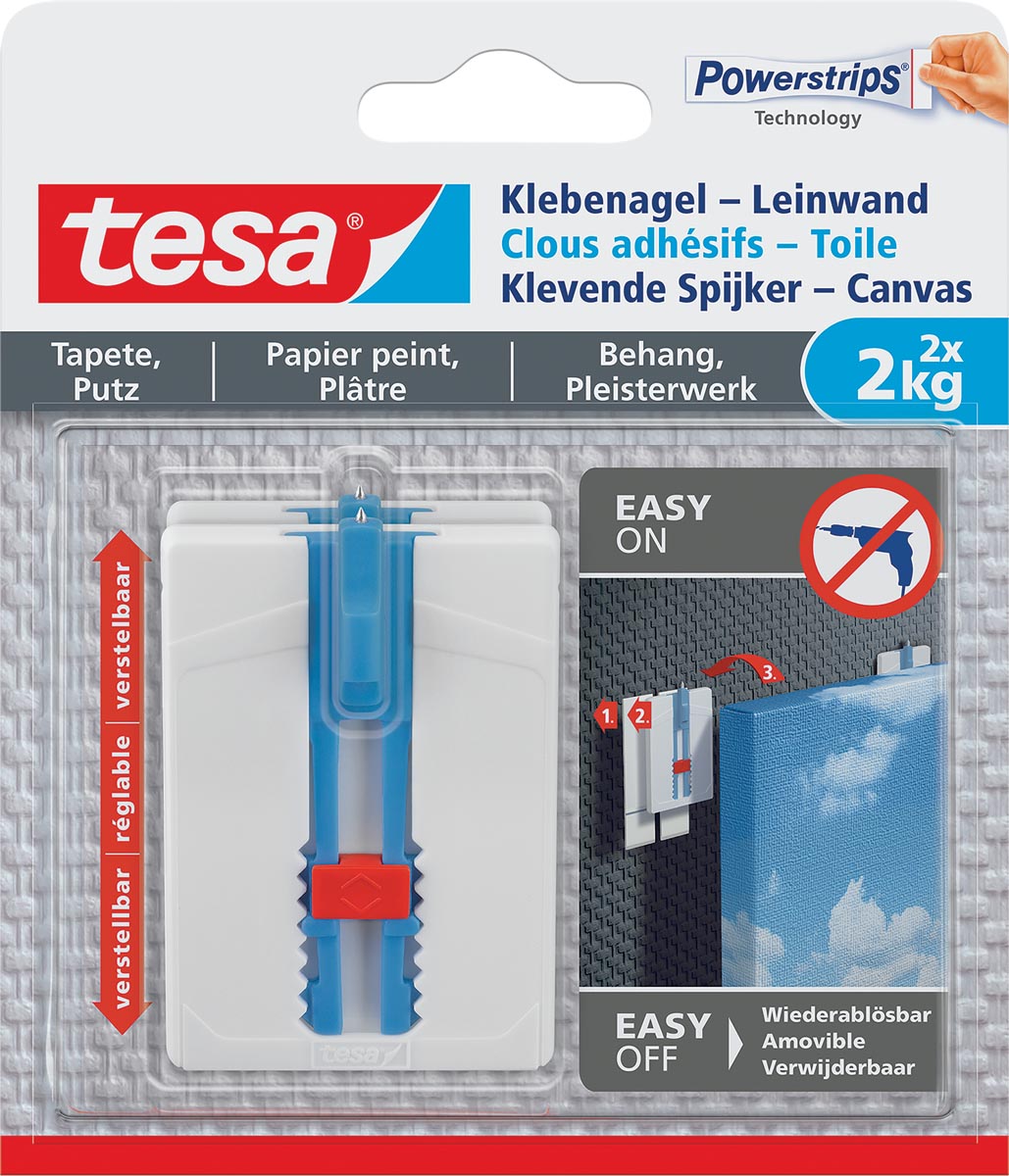 Tesa Klevende Spijker Canvas, draagkracht 2 kg, behang en pleisterwerk, wit, 2 spijkers en 6 strips afbeelding