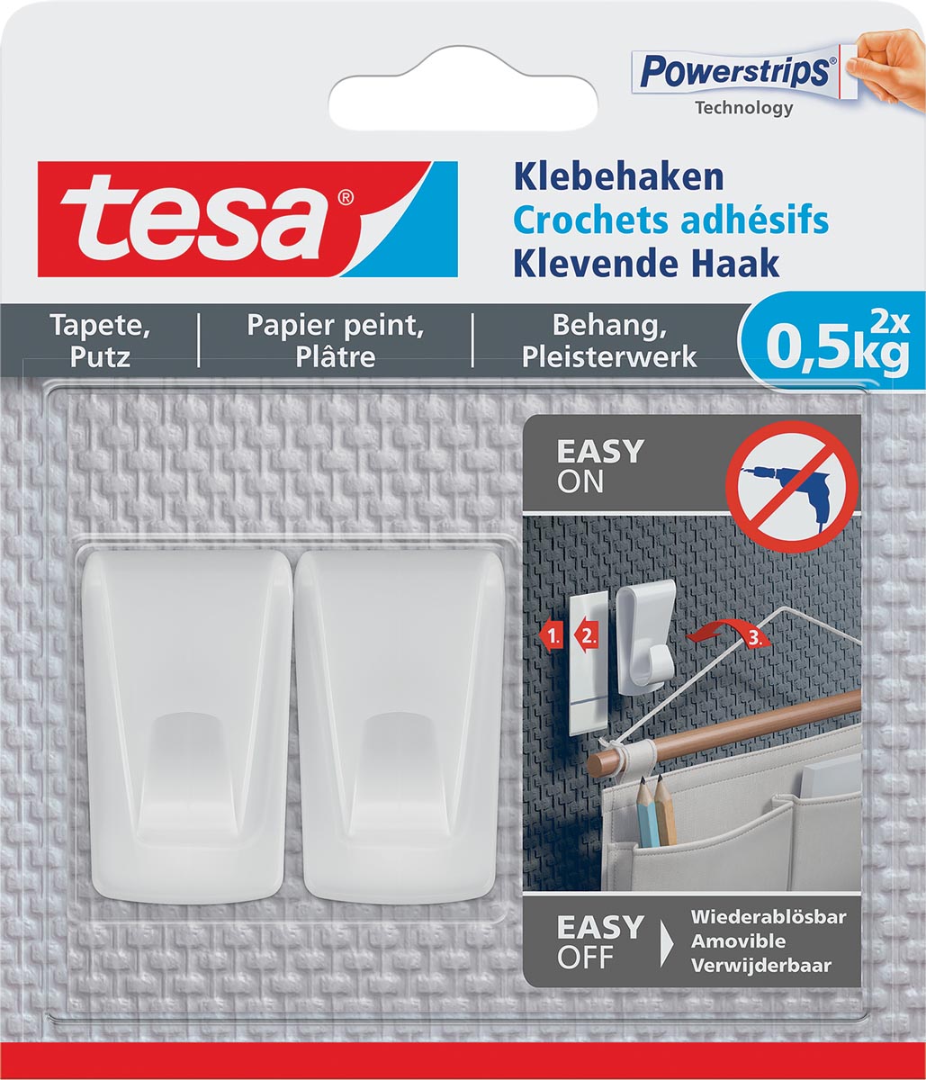 Tesa Klevende Haak, draagkracht 0,5 kg, behang en pleisterwerk, wit, 2 haken en 3 strips afbeelding