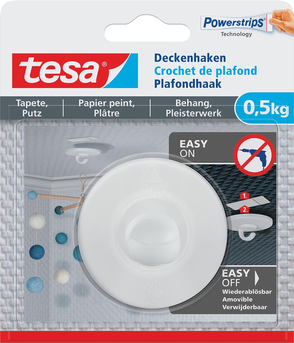 Tesa Zelfklevende Plafondhaak, draagkracht 0,5 kg, behang en pleisterwerk, wit, 1 haak en 3 strips