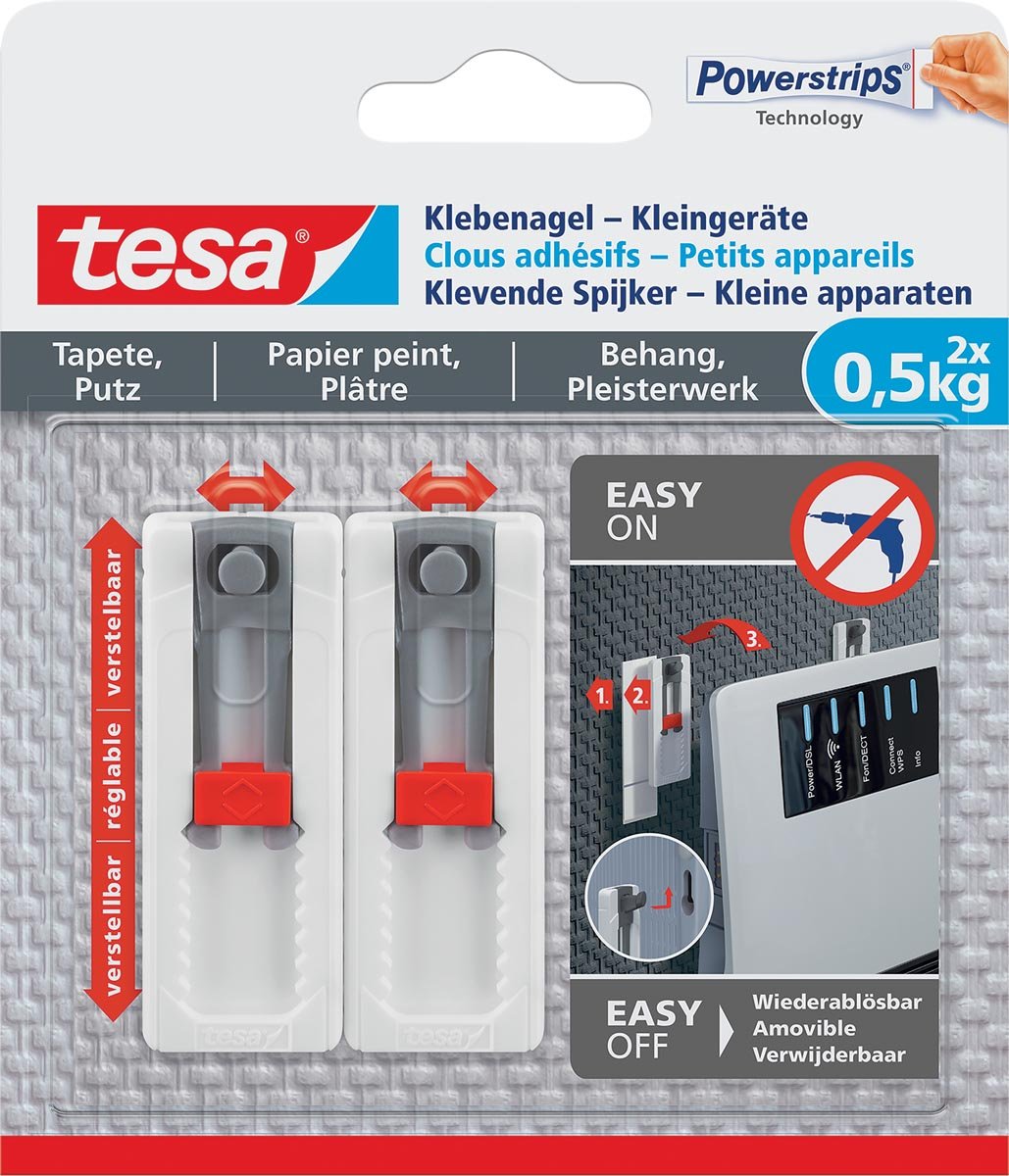 Tesa Klevende Spijker, draagkracht 0,5 kg, kleine apparaten, behang en pleisterwerk, 2 spijkers, 3 strips