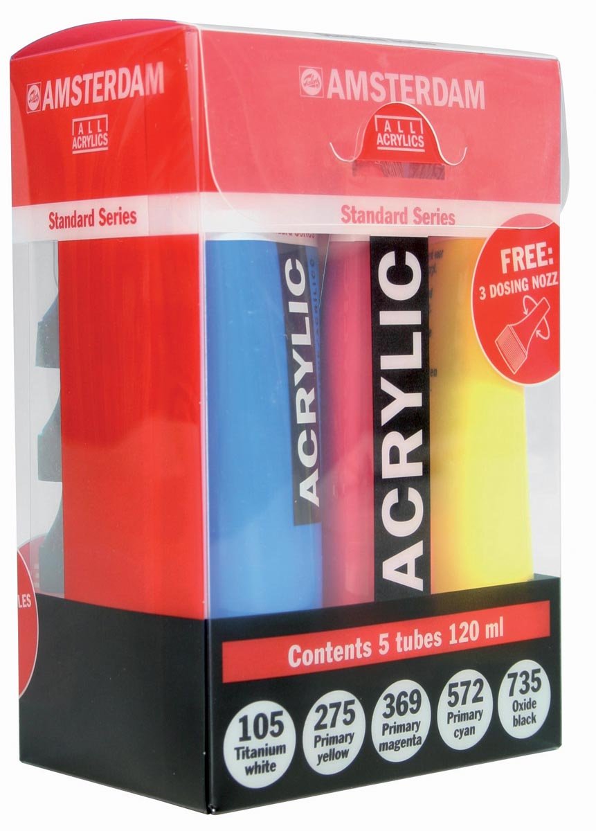 Amsterdam acrylverf tube van 120 ml, etui van 5 tubes in primaire kleuren
