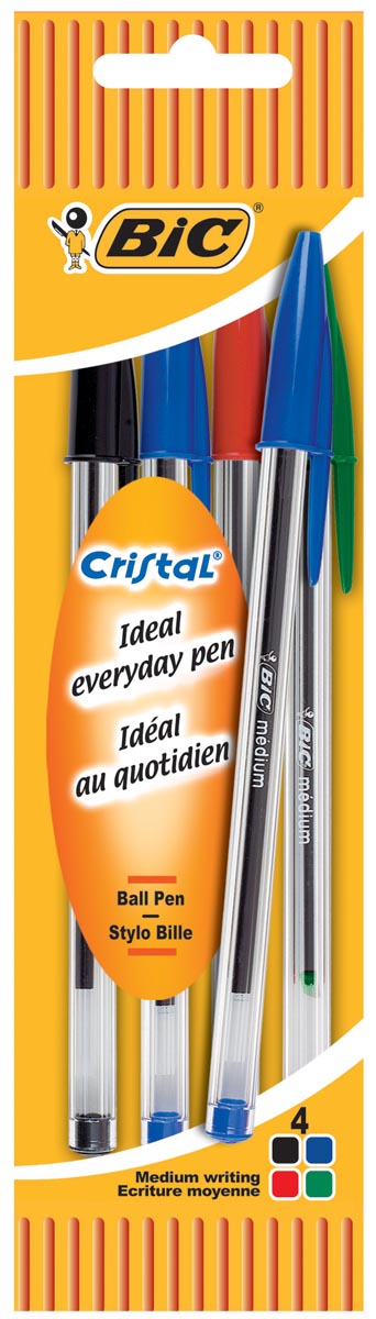 Bic balpen Cristal Medium blister van 5 stuks in geassorteerde kleuren 2 x blauw, groen, rood en zwart