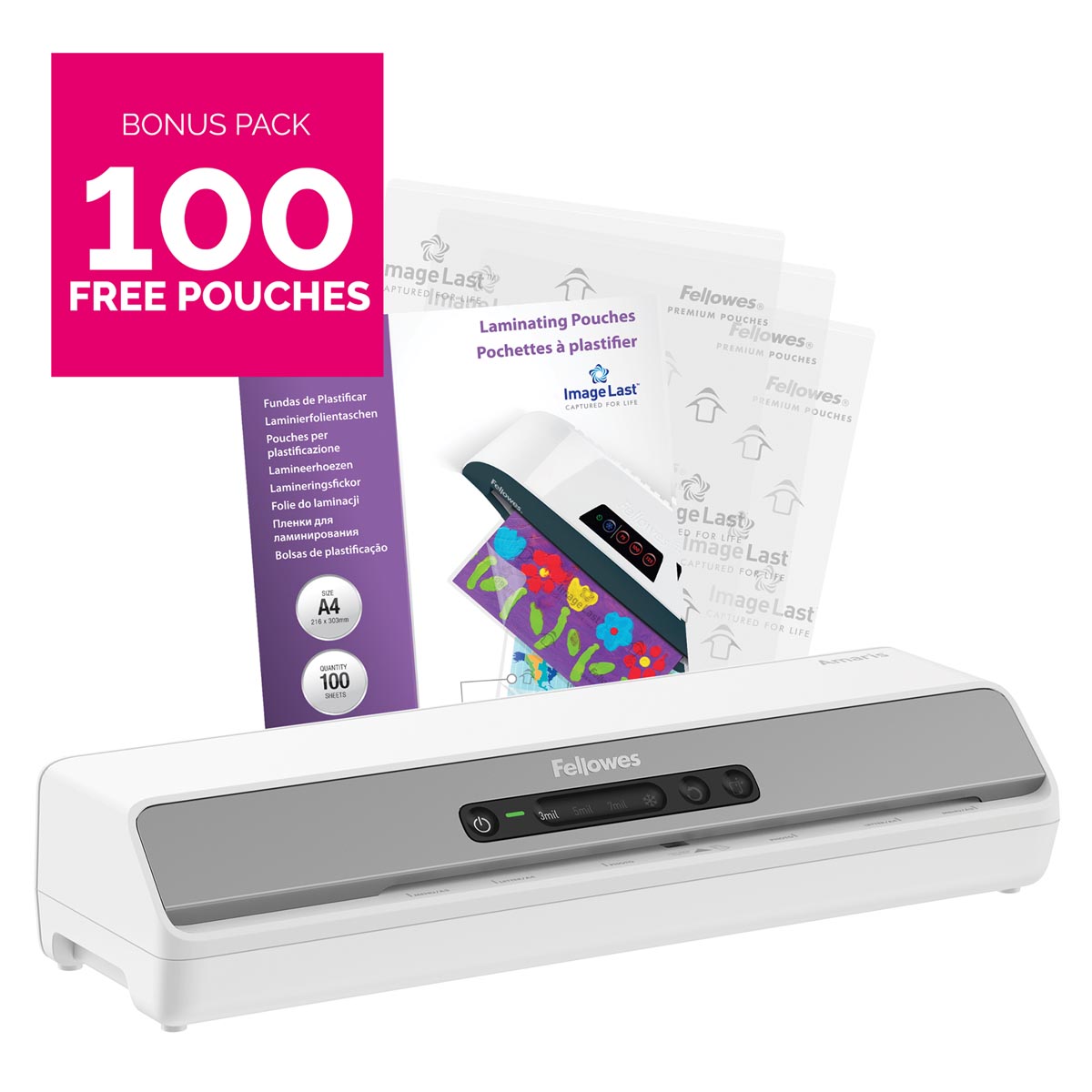 Fellowes lamineermachine Amaris voor ft A3 + Bonus Pack van 100 lamineerhoezen (A4, 80 micron) Fellowes lamineermachine Amaris voor ft A3 + Bonus Pack van 100 lamineerhoezen (A4, 80 micron)