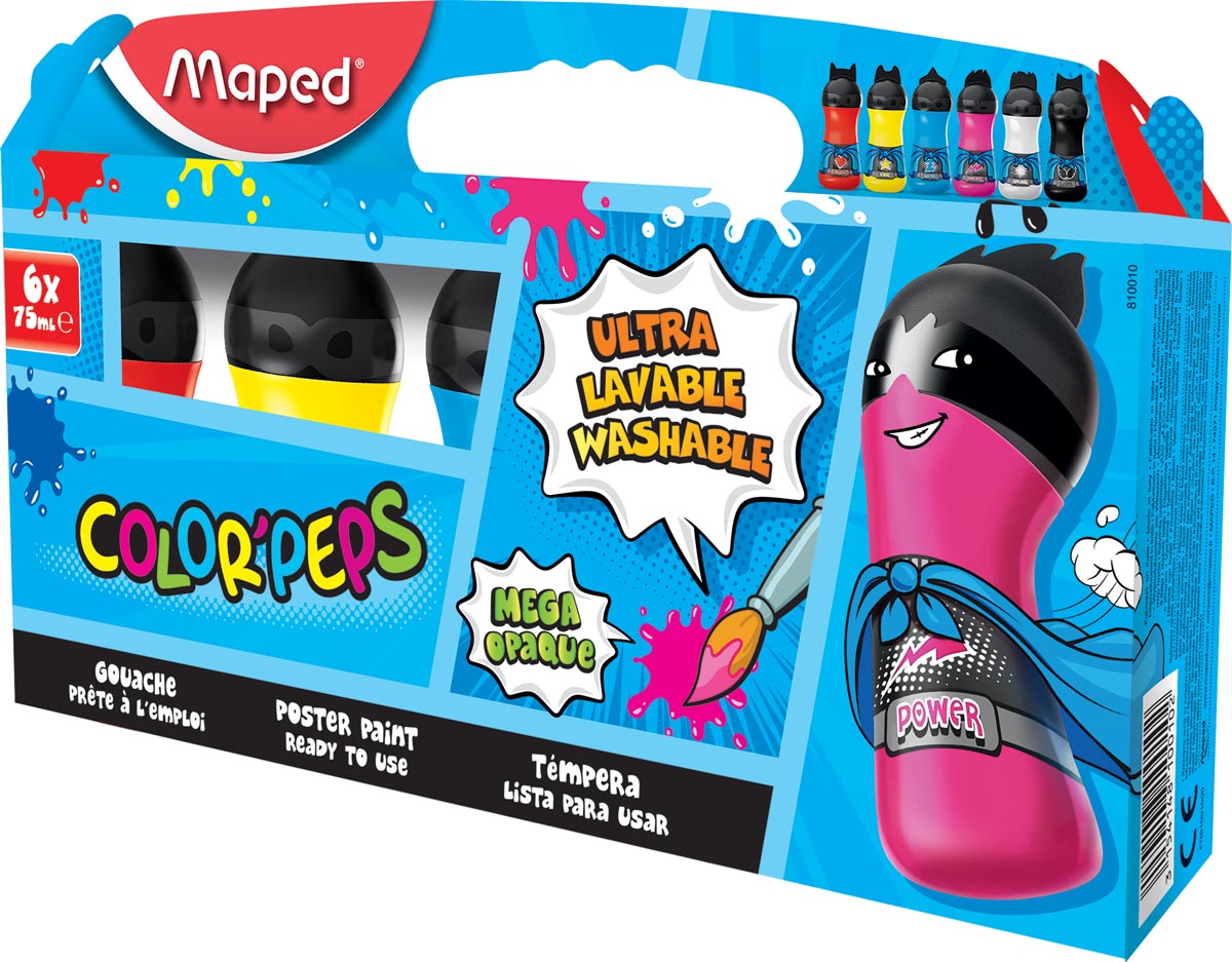 Maped Color&apos;Peps plakkaatverf, ophangdoos met 6 flacons van 75 ml in primaire geassorteerde kleuren