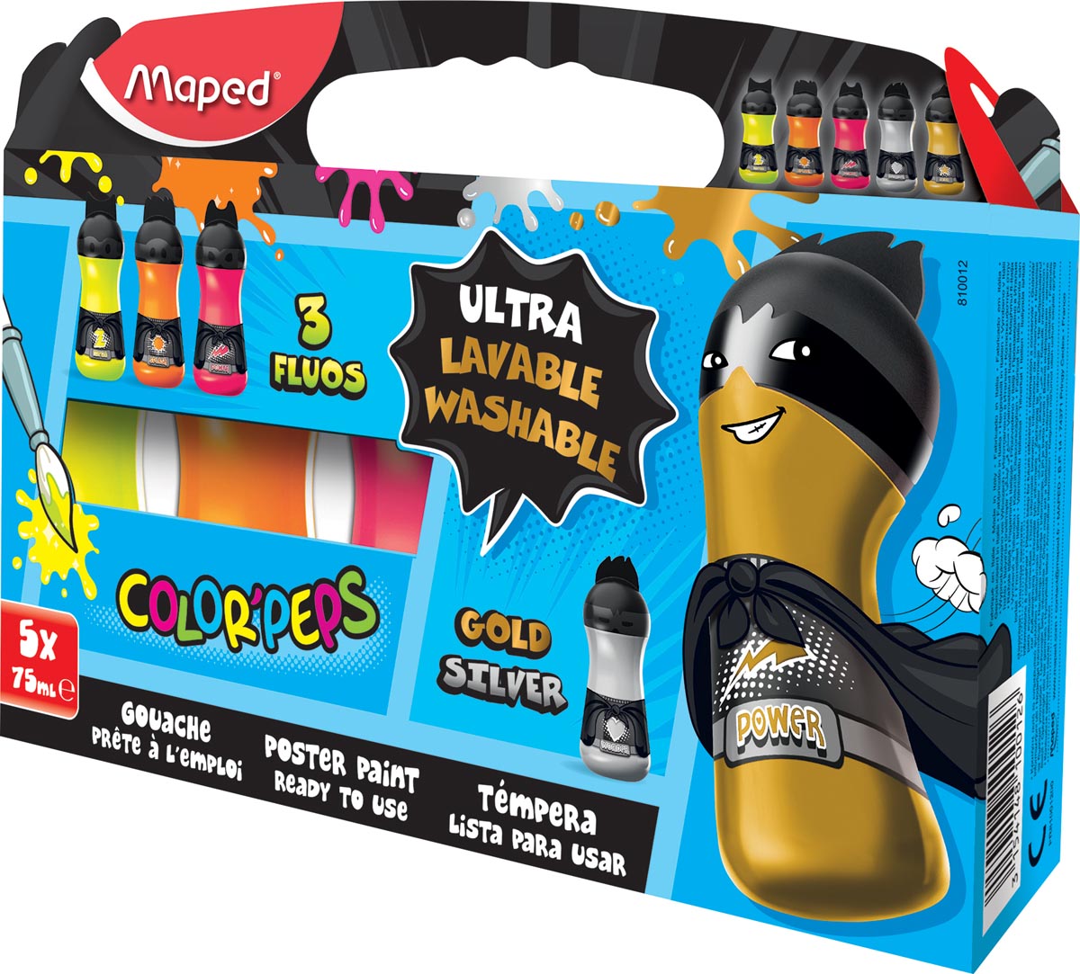 Maped Color'Peps plakkaatverf fluo/metallic, ophangdoos met 5 flacons van 75 ml in geassorteerde kleuren