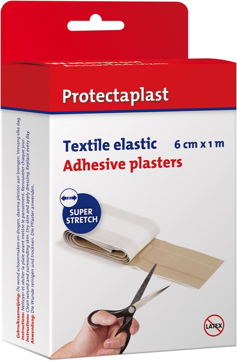 Protectaplast Elastic textielpleister, ft 6 cm x 1 m, op rol Protectaplast Elastic textielpleister, ft 6 cm x 1 m, op rol
