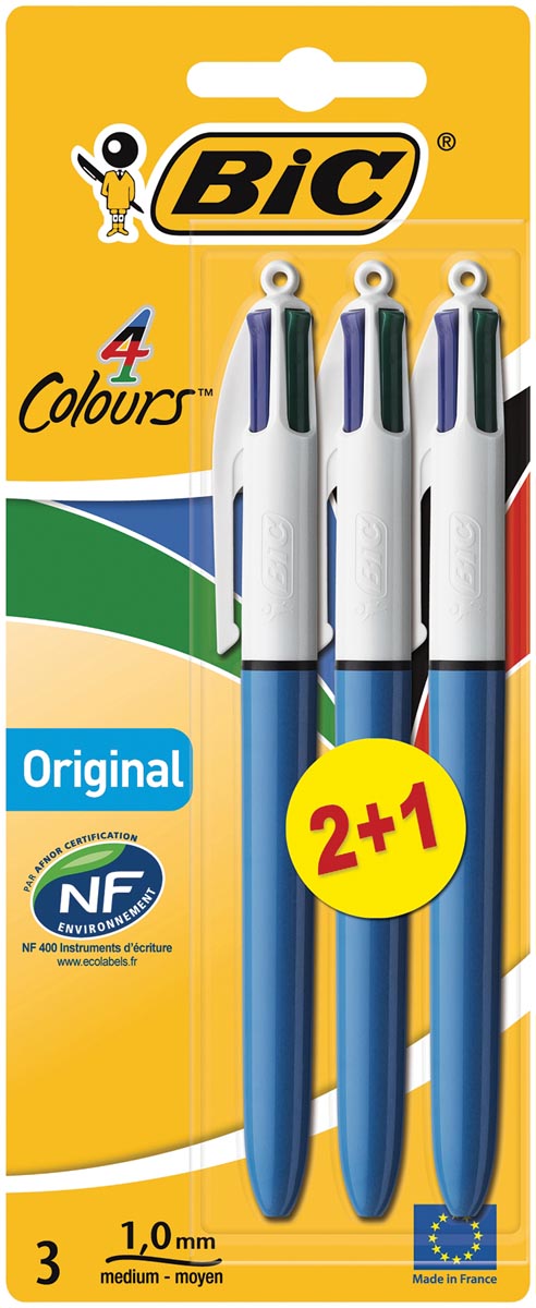 Bic balpen 4 Colours medium, blister 2 + 1 gratis