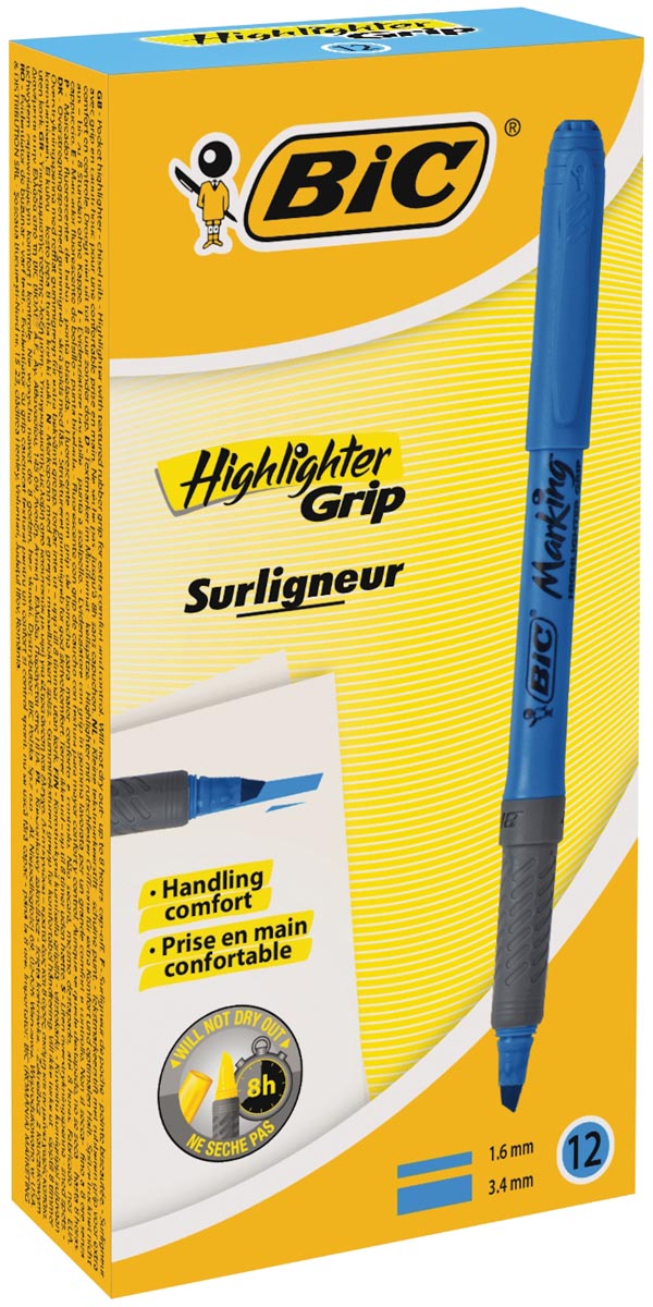 Bic markeerstift Highlighter Grip blauw, doos met 12 stuks