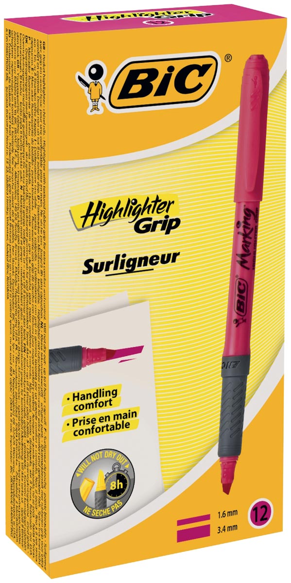 Bic markeerstift Highlighter Grip, roze, doos met 12 stuks