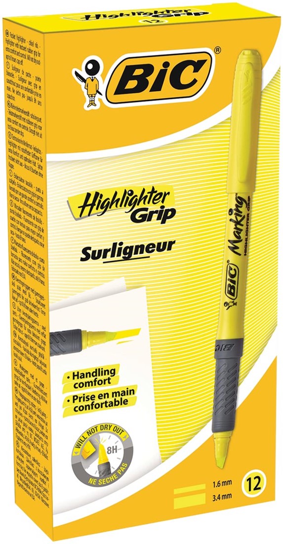 Bic surligneur Highlighter Grip, jaune, boîte de 12 pièces bij VindiQ