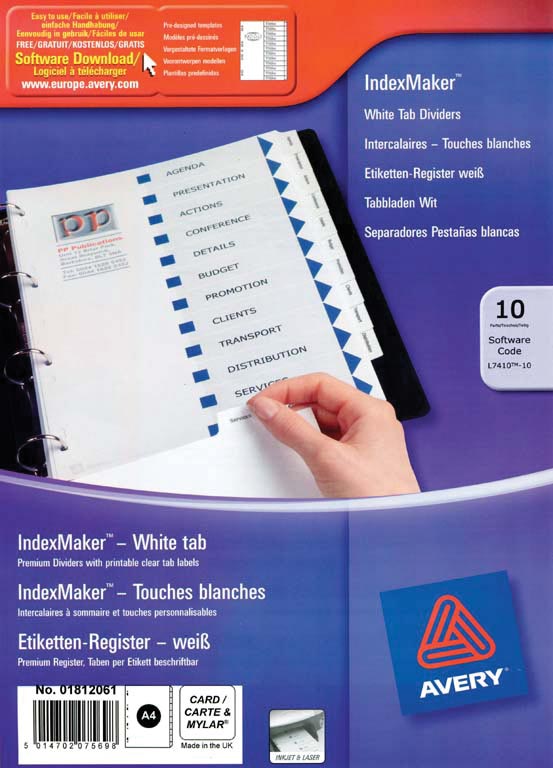 Avery IndexMaker tabbladen uit karton met schut- en indexbladen, ft A4, 10 tabs, wit