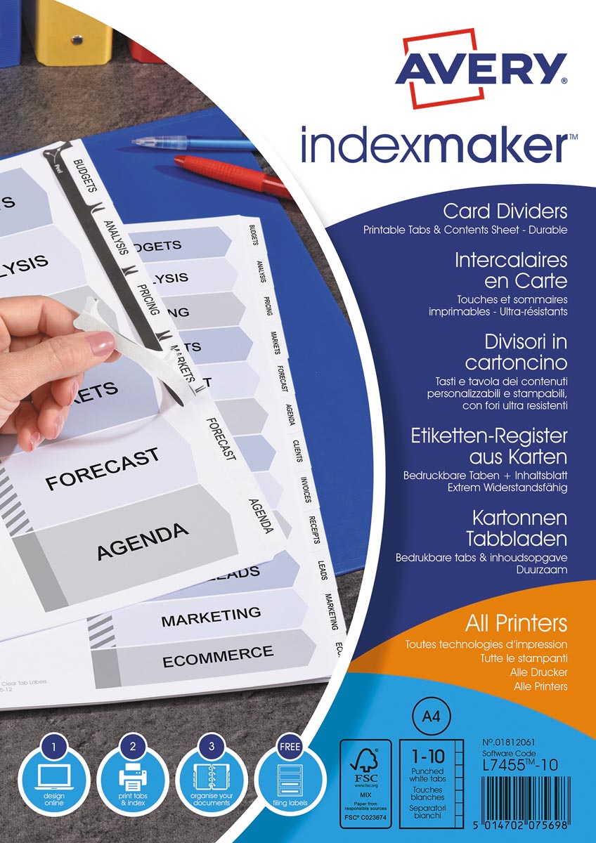 Avery IndexMaker tabbladen uit karton met schut- en indexbladen, ft A4, 10 tabs, wit