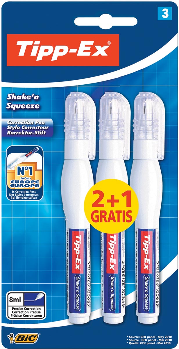 Tipp-Ex correctiepen Shake'n Squeeze, blister met 2 + 1 gratis
