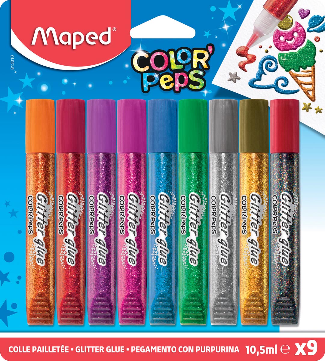 Maped glitterlijm Color'Peps, etui van 9 tubes van 10,5 ml Maped glitterlijm Color'Peps, etui van 9 tubes van 10,5 ml