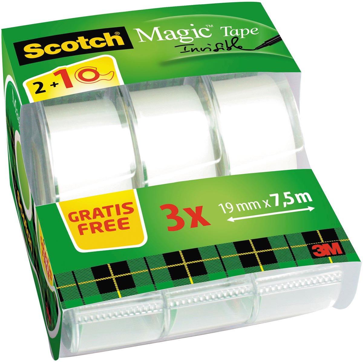 Scotch Magic onzichtbaar plakband, 19 mm x 7,5 m met afroller, 2 + 1 gratis