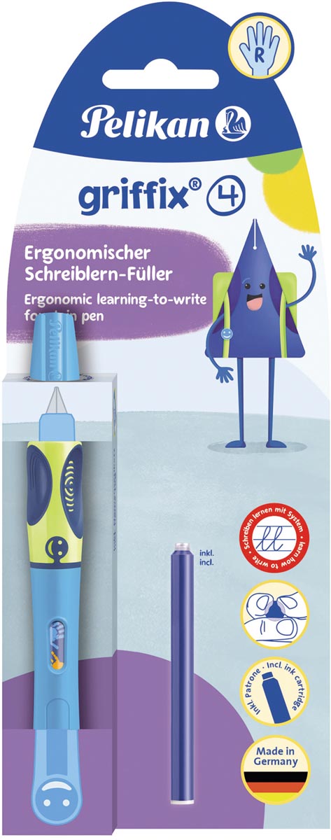 Pelikan vulpen Griffix voor rechtshandigen, blauw en groen, op blister