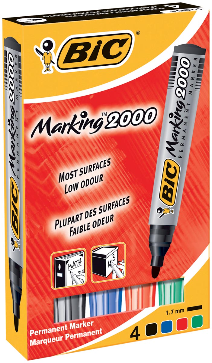 Bic permanent marker 2000, doos met 4 stuks in geassorteerde kleuren afbeelding