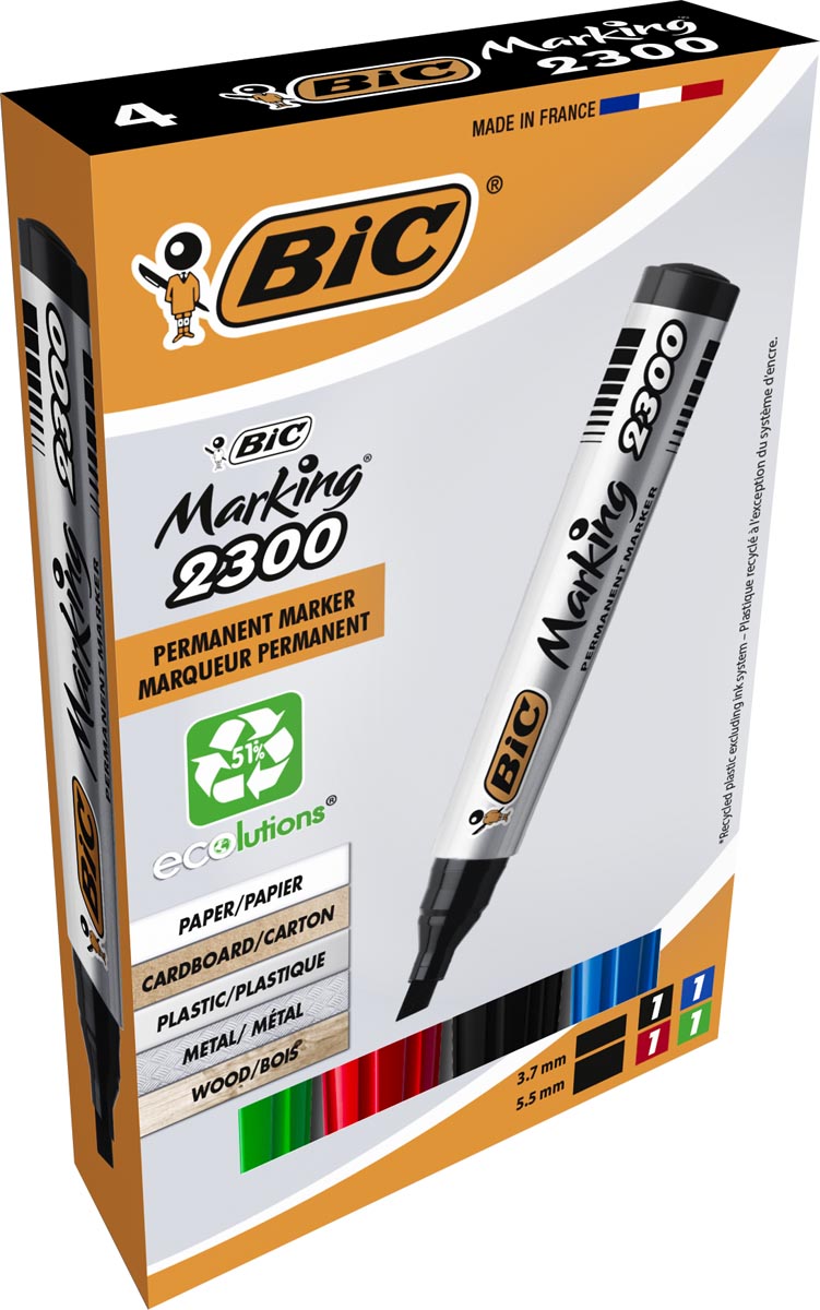 Bic permanent marker Marking 2300 ECOlutions, doos van 4 stuks, assorti Bic permanent marker Marking 2300 ECOlutions, doos van 4 stuks, assorti