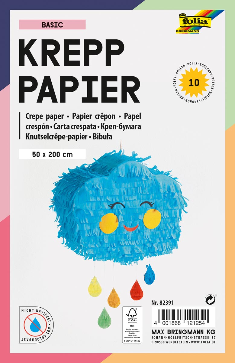 Folia crêpepapier, 10 rollen, ft 200 x 50 cm, geassorteerde kleuren, basic Folia crêpepapier, 10 rollen, ft 200 x 50 cm, geassorteerde kleuren, basic