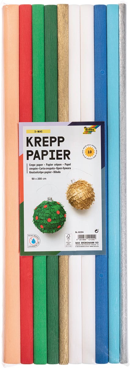 Folia crêpepapier, 10 rollen, ft 200 x 50 cm, geassorteerde kleuren, X-Mas Folia crêpepapier, 10 rollen, ft 200 x 50 cm, geassorteerde kleuren, X-Mas