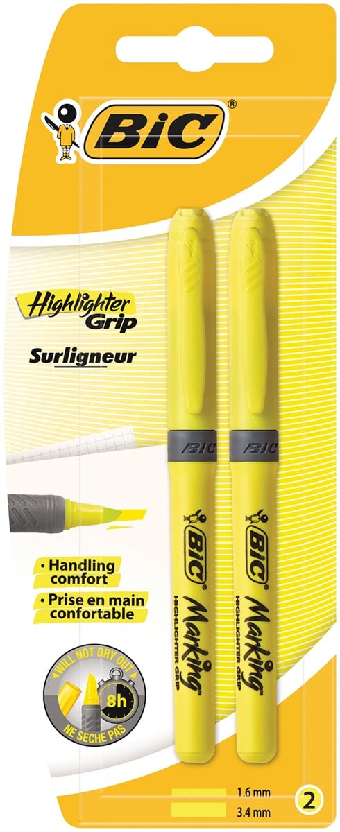 Bic markeerstift Highlighter Grip, blister van 2 stuks, geel