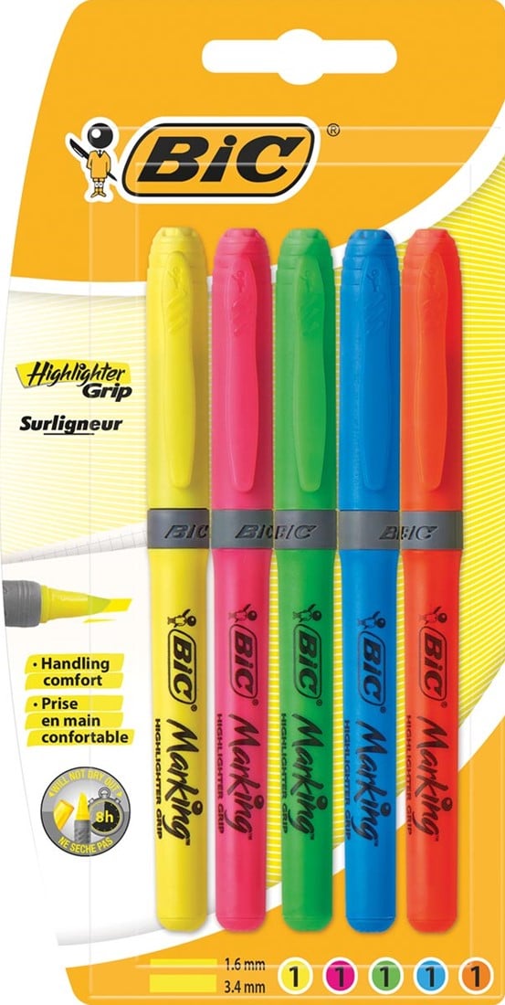 Bic surligneur Highlighter Grip, blister de 5 pièces en couleurs