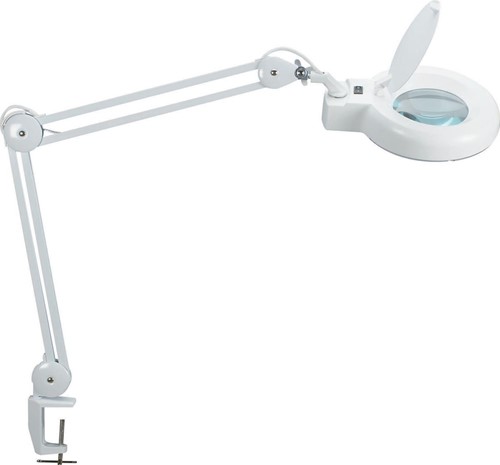 MAULviso Luminaire loupe, LED, sur pince 6,3cm, longeur de bras 2x31cm, objectif 144cm2, blanc