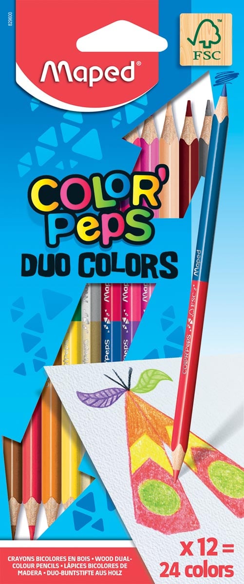 Maped driehoekig kleurpotlood Color'Peps Duo, 12 potloden in een kartonnen etui = 24 kleuren