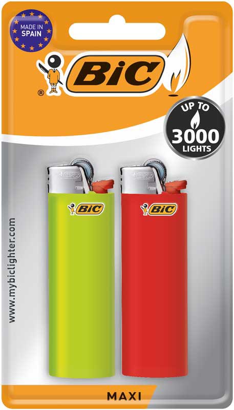 BIC Maxi vuursteen aansteker, blister van 2 stuks in geassorteerde kleuren