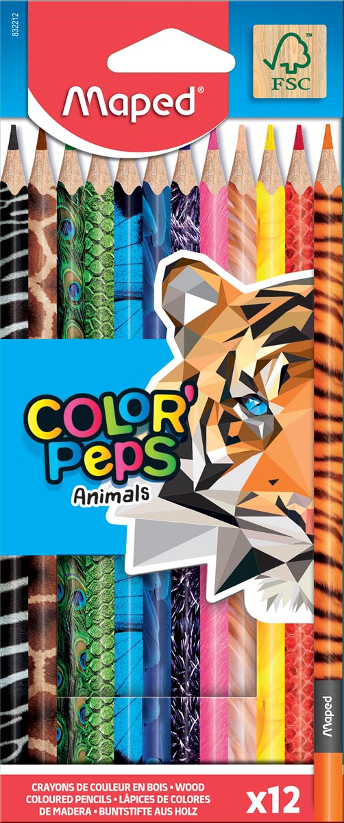 Maped kleurpotloden Color'Peps Animals, kartonnen etui met 12 stuks in geassorteerde kleuren