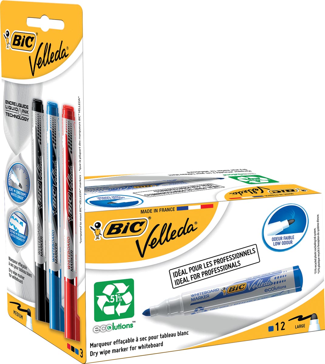 Velleda whiteboardmarker 1701 blauw, doos met 12 stuks + Liquid Ink whiteboardmarker, blister met 3 stuks