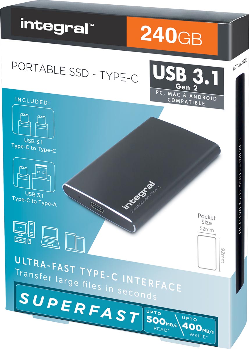 Integral draagbare SSD harde schijf USB 3.1 met type C interface, 240 GB, zwart Integral draagbare SSD harde schijf USB 3.1 met type C interface, 240 GB, zwart