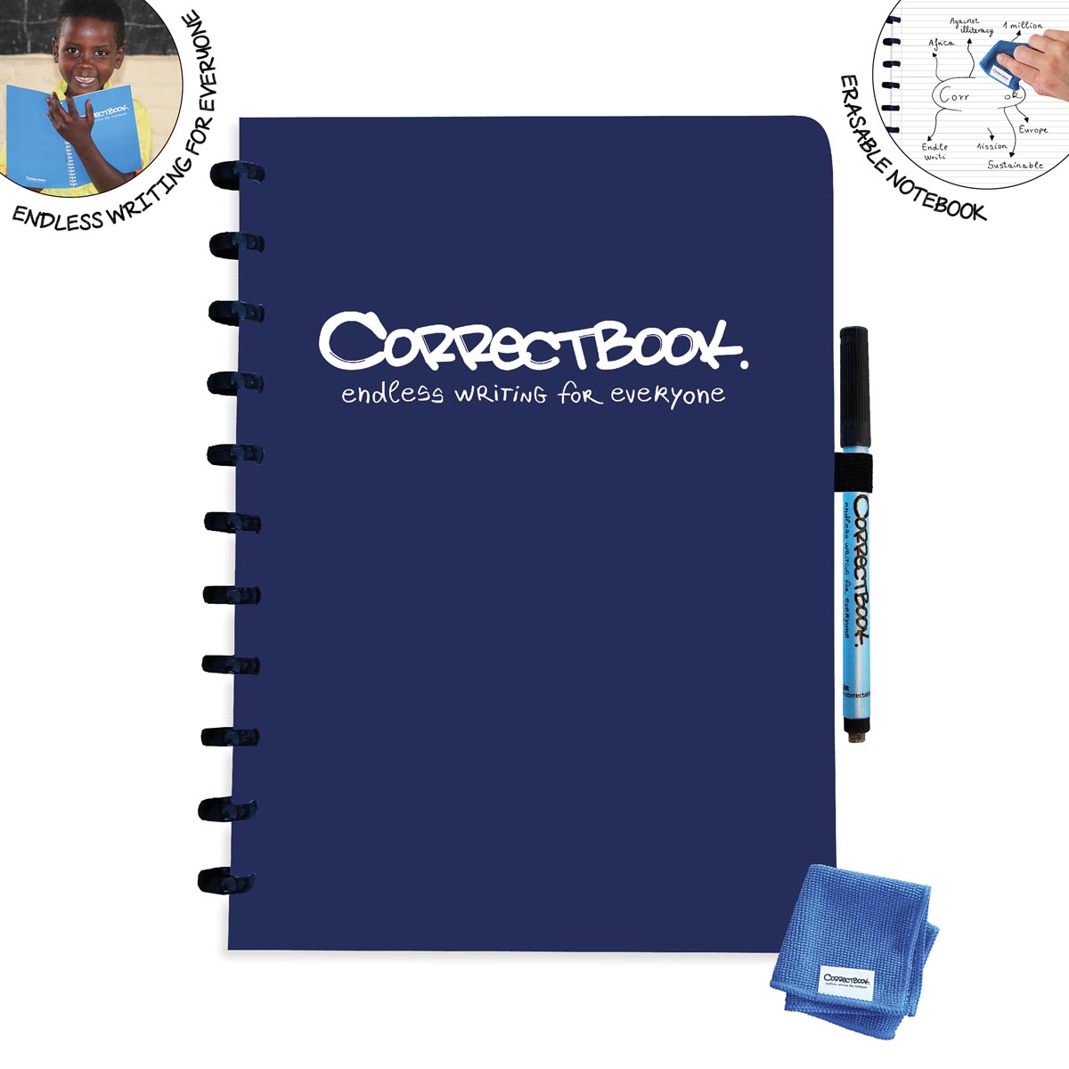 Correctbook A4 Original uitwisbaar / herbruikbaar notitieboek, gelijnd, Midnight Blue (marineblauw)