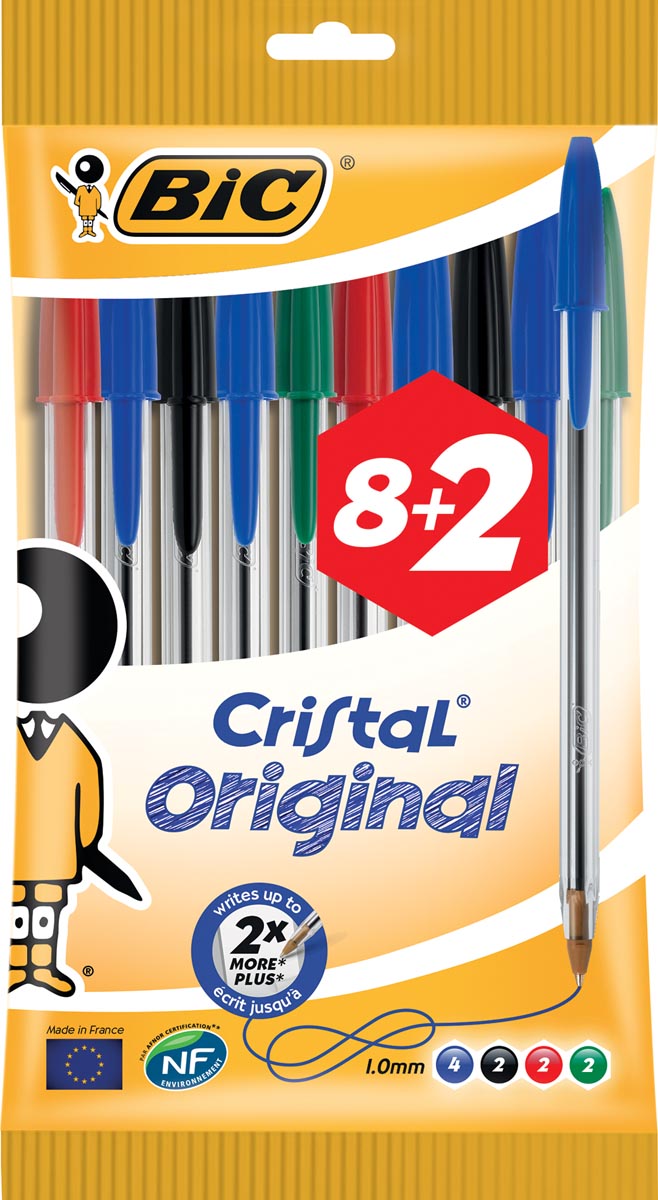 Bic balpen Cristal Medium, couleurs assorties, blister 8 + 2 GRATIS