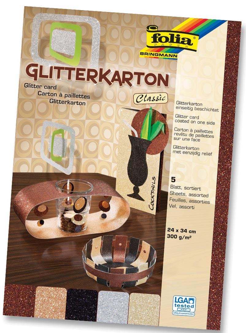 Folia Glitterkarton Classic (koper, zilver, zwart, champagnekleur en brons)
