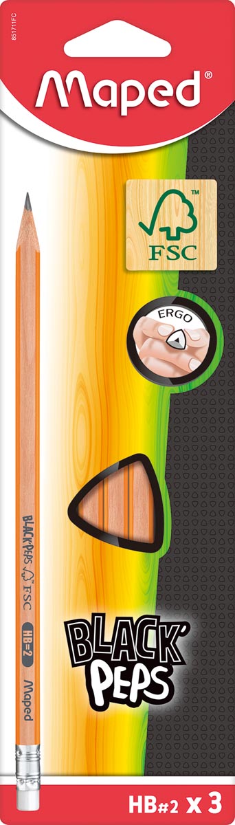 Maped potlood Black&apos;Peps HB, met gum, kartonnen ophangetui met 3 stuks afbeelding