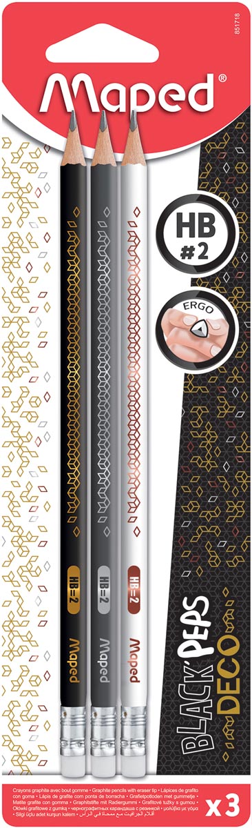 Maped potlood Black'Peps Deco HB met gom, blister met 3 stuks