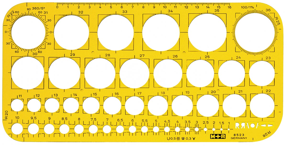 M+R cirkelsjabloon, cirkels 1 tot 36 mm