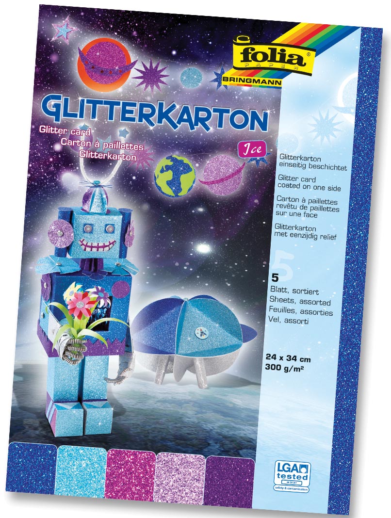 Folia Glitterkarton Ice (donkerblauw, turkoois, fuchsia, oudroze en paars)