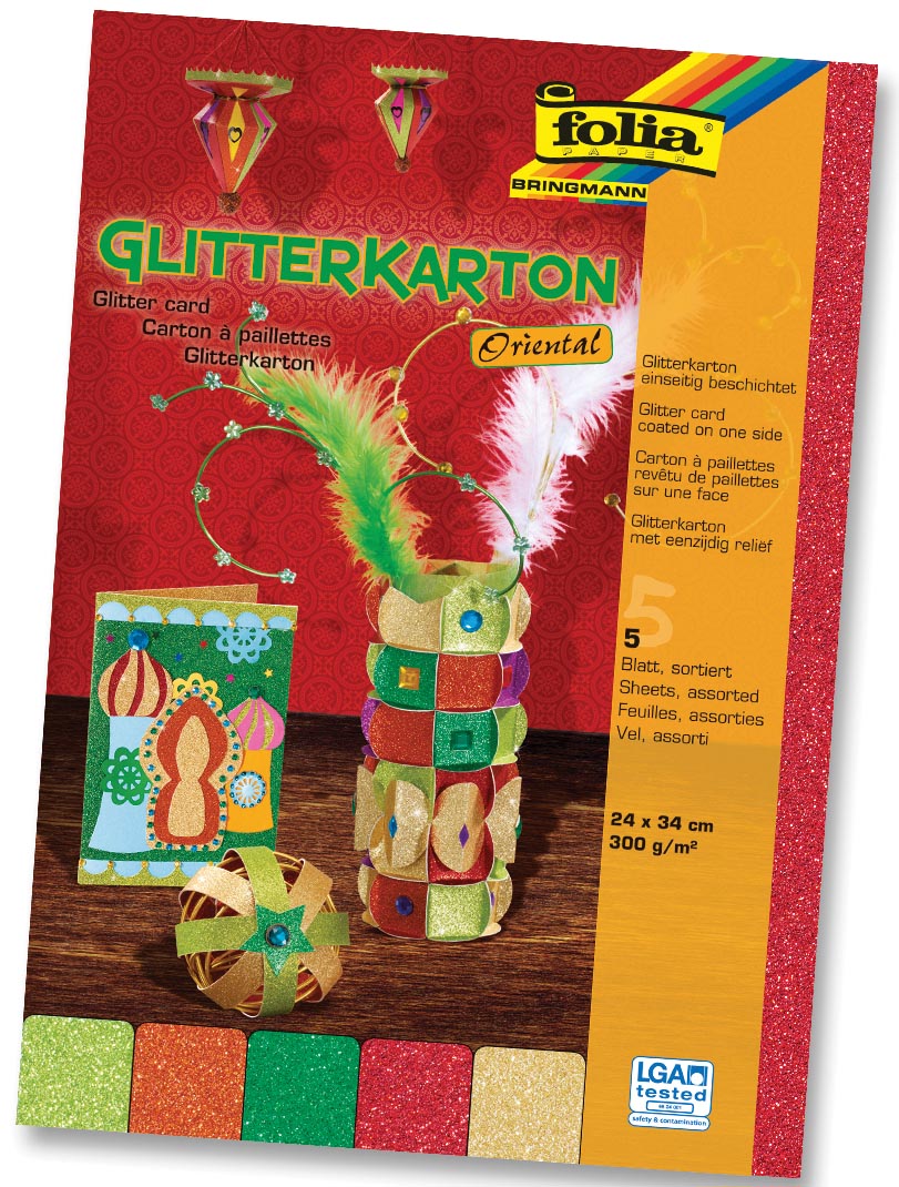Folia Glitterkarton Oriental (geel, oranje, rood, helgroen en donkergroen)