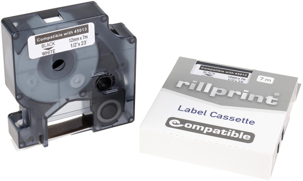 Rillprint compatible D1 tape voor Dymo 45013, 12 mm, zwart op wit afbeelding