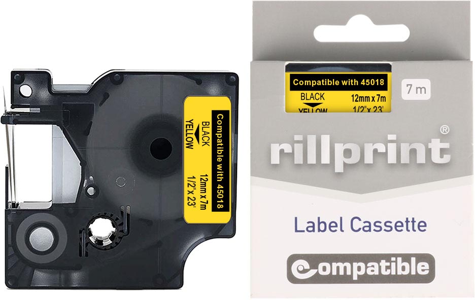 Rillprint compatible D1 tape voor Dymo 45018, 12 mm, zwart op geel afbeelding