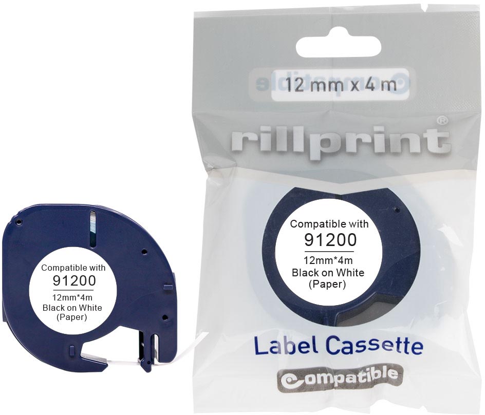 Rillprint compatible LetraTAG tape voor Dymo 91200, 12 mm, papier, wit afbeelding