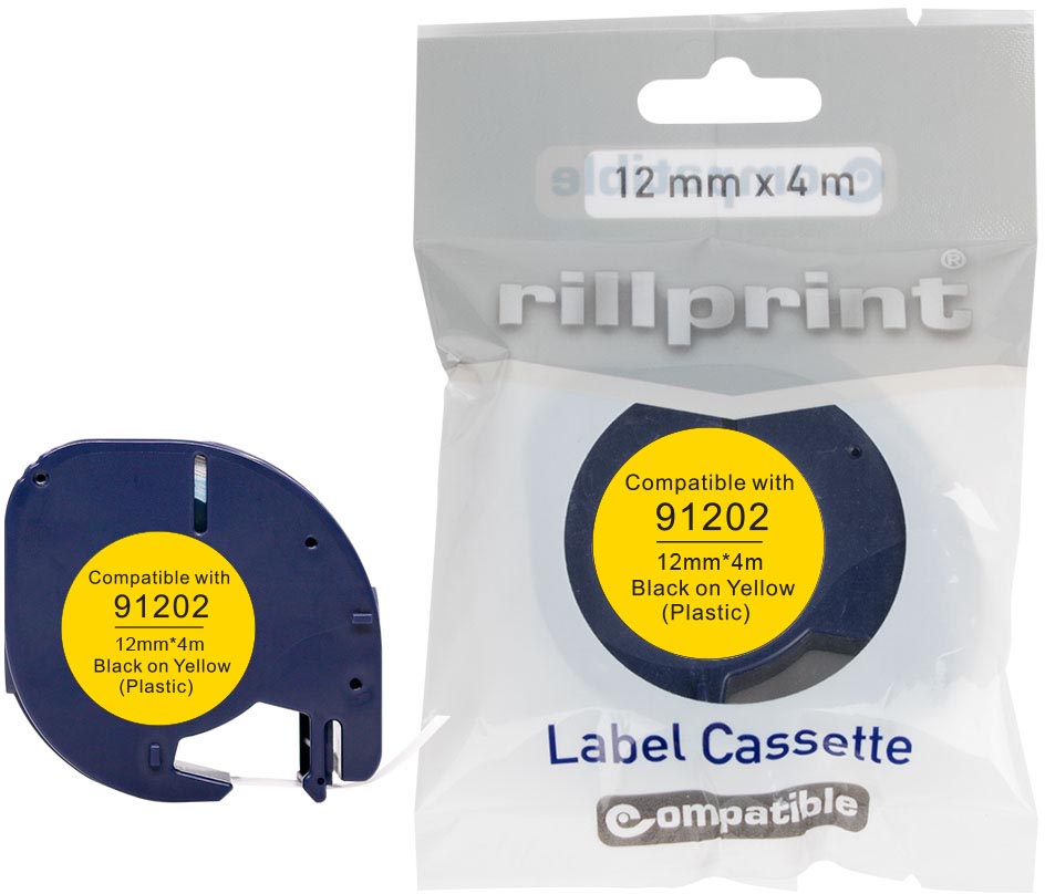 Rillprint compatible LetraTAG tape voor Dymo 91202, 12 mm, plastic, geel afbeelding