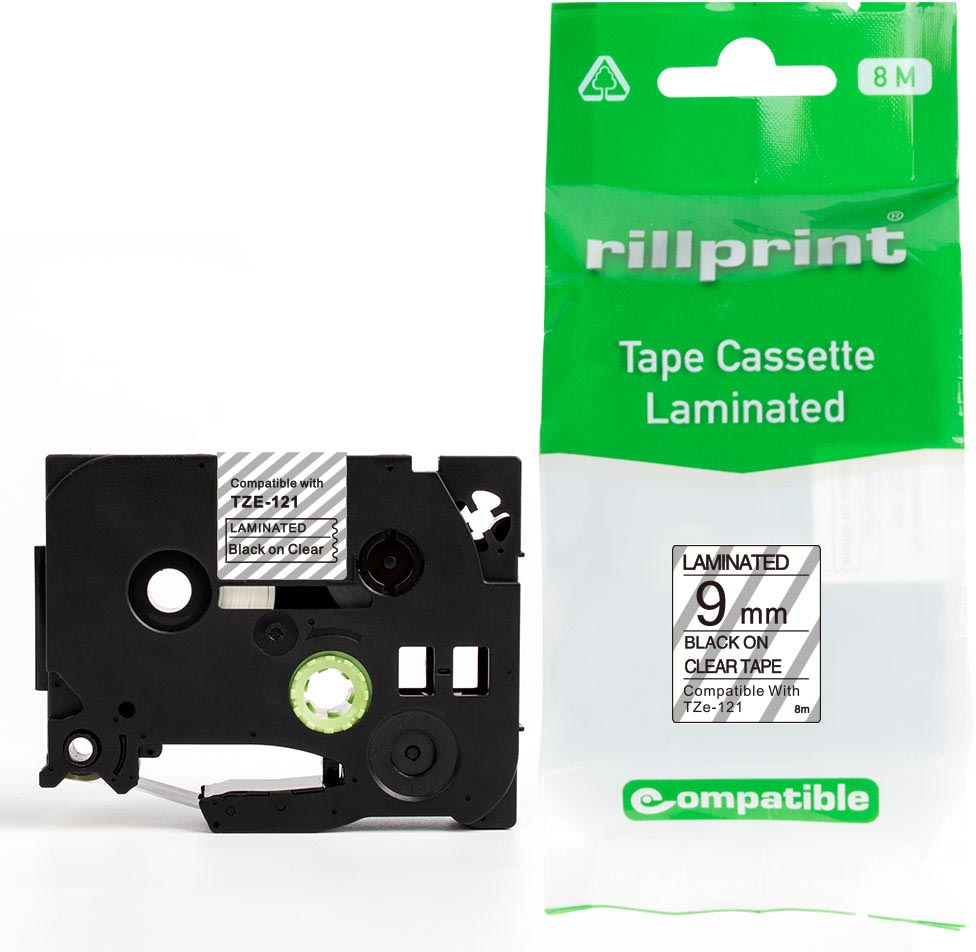 Rillprint compatible TZe tape voor Brother TZe-121, 9 mm, zwart op transparant afbeelding