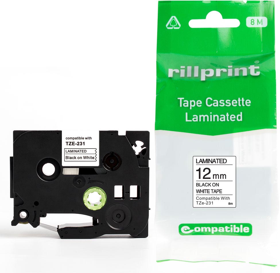 Rillprint compatible TZe tape voor Brother TZe-231, 12 mm, zwart op wit afbeelding