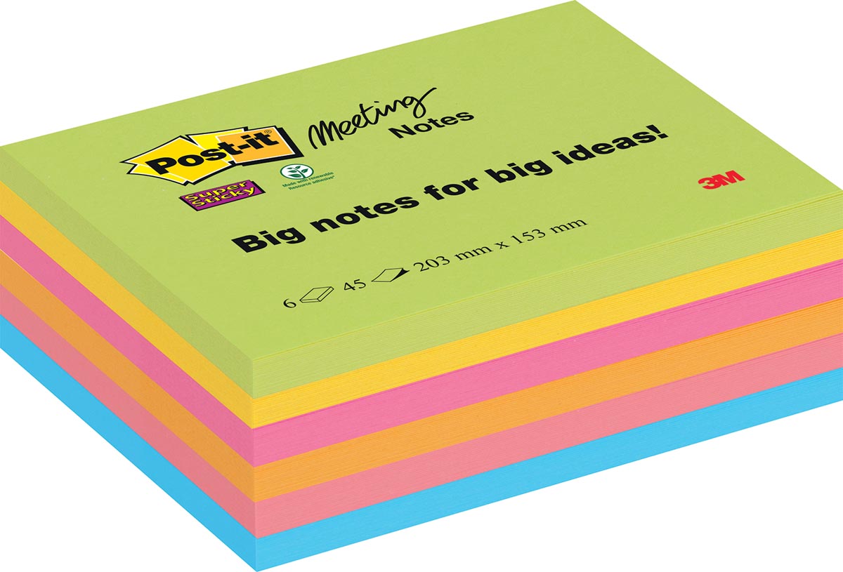 Post-it Super Sticky Meeting notes, 45 vel, ft 203 x 153 mm, geassorteerde kleuren, pak van 6 blokken afbeelding