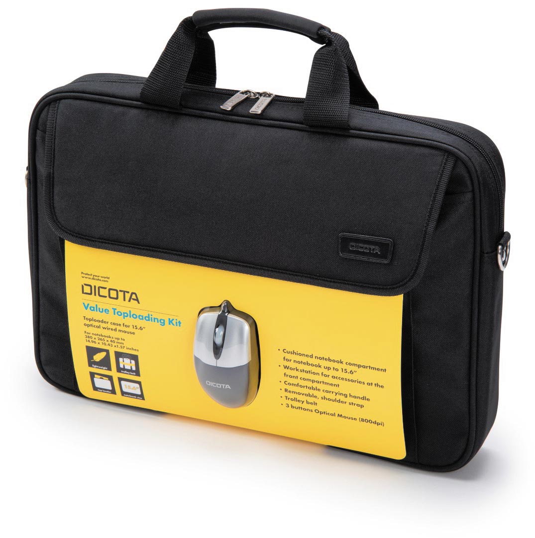 Dicota laptoptas Value Toploading Kit, voor laptops tot 15,6 inch, inclusief muis, zwart afbeelding